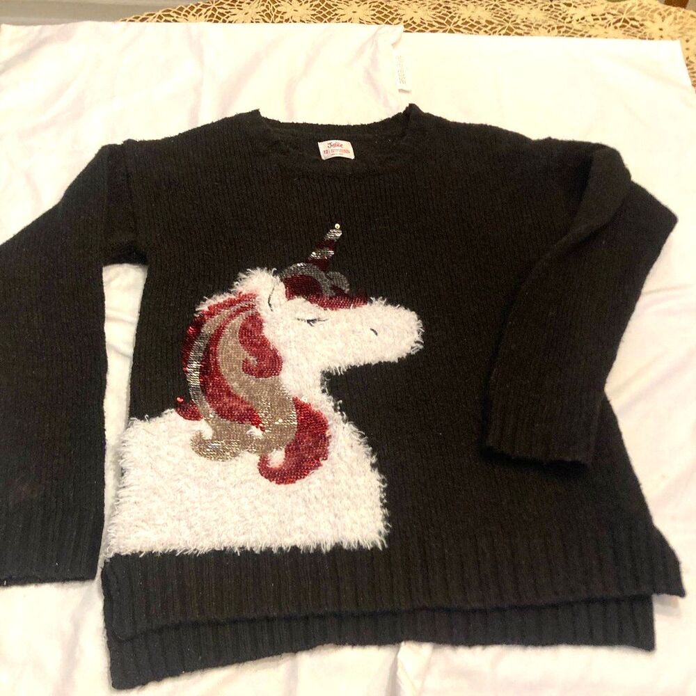 Justice Girls 12 Black Unicorn Sweater Sequin Fuzzy Knit Pullover